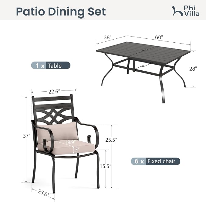PHI VILLA 7 Piece Patio Dining Set, Rectangular Steel Table | Metal chairs, Beige Cushion, Cushions, E-coated