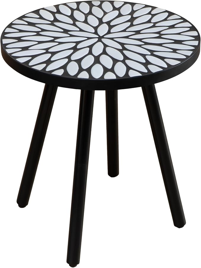 Laurel Outdoor Side Table, 18" Mosaic Round Accent Table with Ceramic Tile Tabletop and Steel Frame, Indoor Small Decorative Plant Stand & End Table for Living Room, Patio, Garden - Black/White