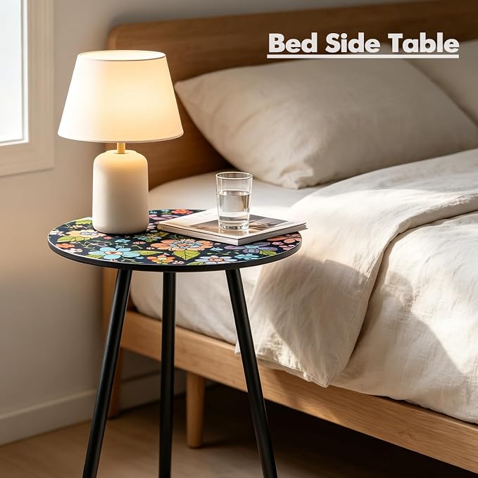 Outdoor Side Table Set of 2 Patio Side Tables for Outside Black End Tables Small Outdoor Table Round Patio End Table Metal Side Table Outside, Indoor, Bedroom, Living Room, Small Spaces, Navy Floral