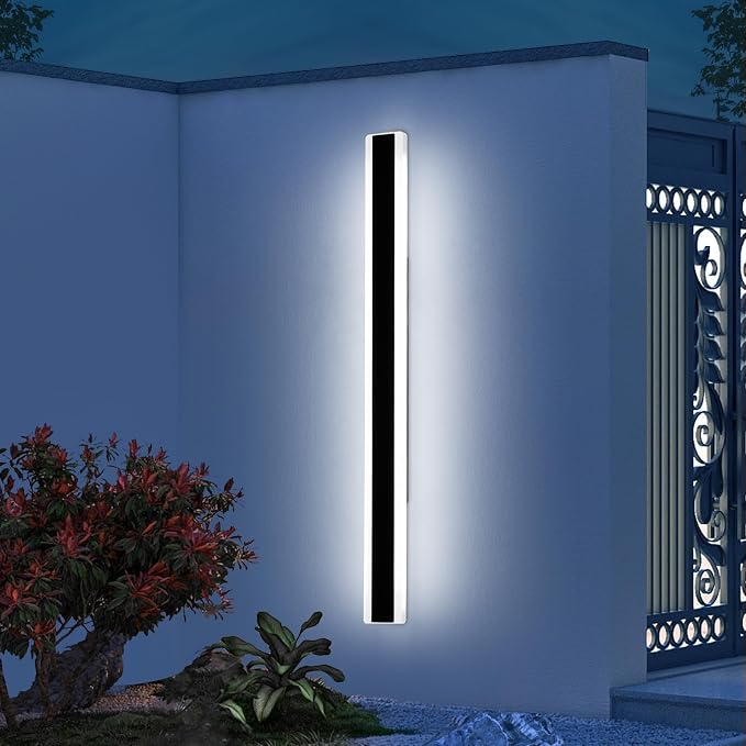 57inch Exterior Wall Light Fixture, 6000K Cold White, Modern Long Outdoor Wall Sconce, IP65 Waterproof, 50W, Black Minimalist Outside LED Strip Lights for Garage, Patio, Balcony, Fence