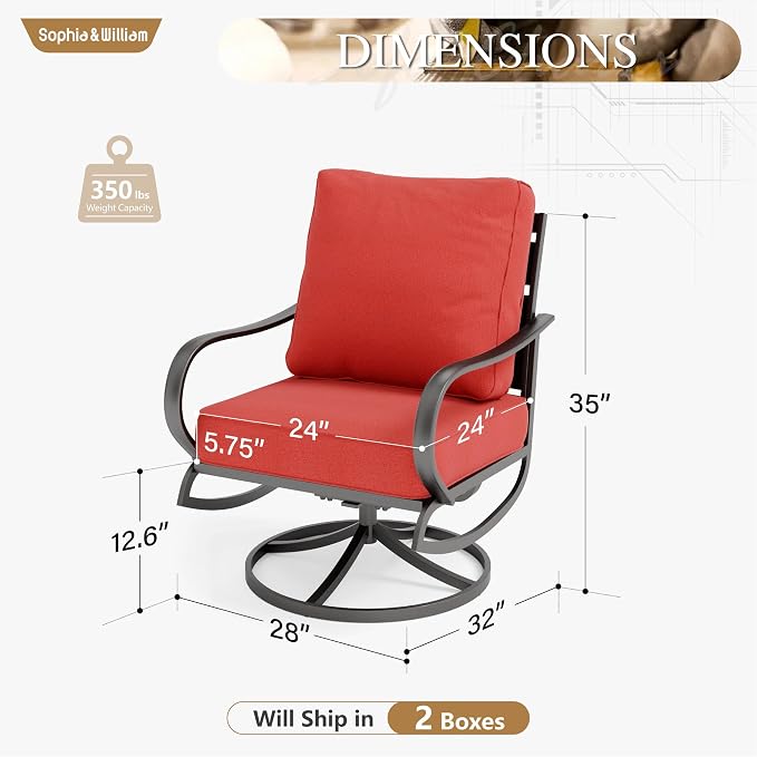Sophia & William 2 Pieces Patio Furniture Sets Metal Sofa Chairs Patio Cushion Armchairs Swivel Sofa Chairs with Removable Cover for Garden Backyard Poolside Red