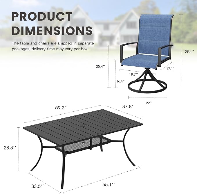 Outdoor Dining Set for 6, 59.2" Outdoor Dining Table with Umbrella Hole and Padded Textilene Patio Swivel Chairs, 7 Pieces Patio Table and Chairs Set for Garden Backyard, Dark Blue and Black