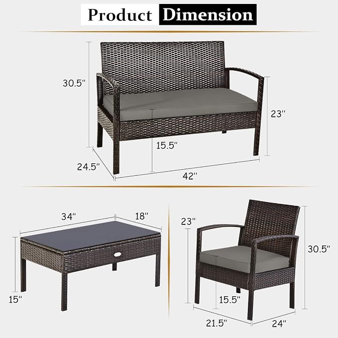 HAPPYGRILL 4-Piece Patio Furniture Set, Garden Pool Lawn Rattan Wicker Conversation Set, Loveseat Sofa Cushioned Seat & Glass Top Coffee Table