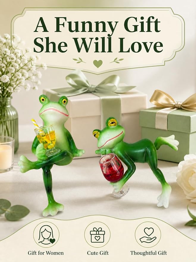 2 PCS Tipsy Frog Pot Hugger, Miniature Resin Figurines Plant Decorations for Pots, Outdoor Garden Decor for Flower Pot Yard Patio Lawn, Planter Hanger Statues, Funny Gifts for Women