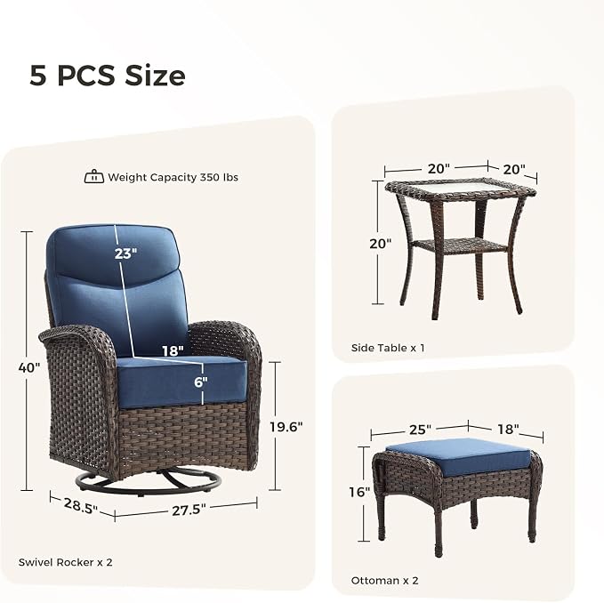 Luxury Patio Furniture Set with Swivel Chairs & 6-Inch Thick Cushions, Outdoor High Back Swivel Rocker Patio Chairs, 5PCS Wicker Outdoor Furniture Set for Porch, Yard, Deck, Poolside, Brown/Blue