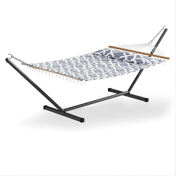 Garvee 57" Double Hammock with Heavy Duty Stand – 2 Person Hammock, Widening Cotton Fabric Design, 450 LB Capacity for Indoor & Outdoor Use (Light Grey)