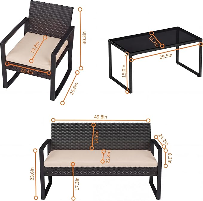 Garvee 4 Piece Patio Furniture Set, PE Rattan Outdoor Rocking Chair Conversation Set with Coffee Table, Outdoor Wicker Patio Table and Chairs Set for Patio, Porch, Backyard, Beige