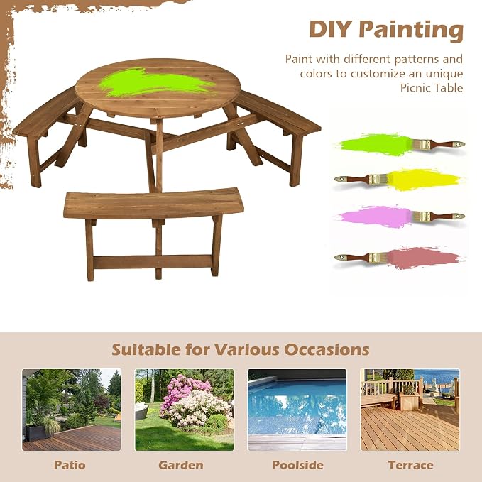 Tangkula 6 Person Wooden Picnic Table, Outdoor Round Picnic Table with 3 Built-in Benches, 1.5 Inch Umbrella Hole, Outside Wood Table and Bench Set for Garden, Backyard, Porch (Dark Brown)