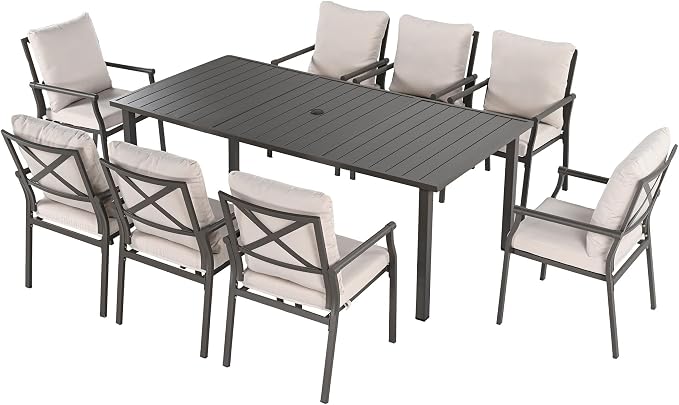 HAPPATIO Patio Dining Set, Metal Outdoor Table and Chairs Set for 8, Powder-Coated Metal Chairs with Thickened Cushions, 60" Rectangular Table with 1.5" Umbrella Hole for Deck Yard Lawn