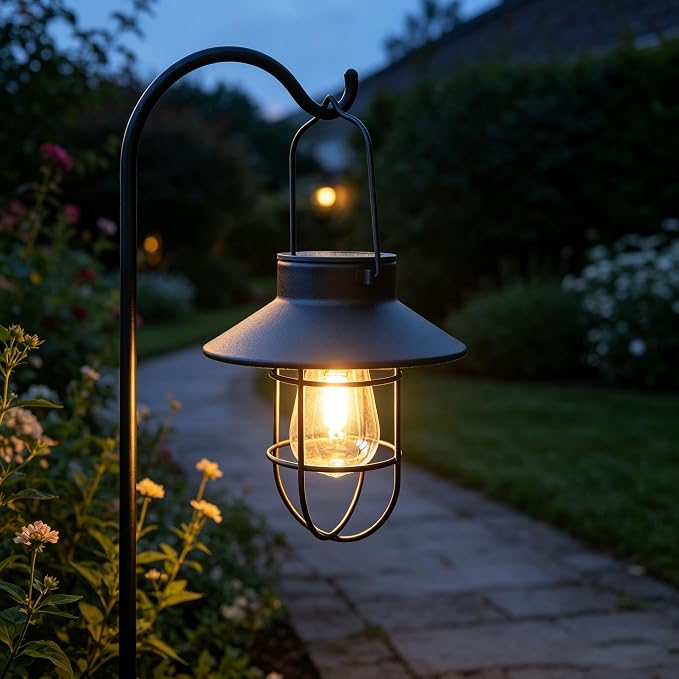 Solar Lantern 2pack Outdoor Hanging Light- Waterproof Vintage Metal Light with Shepherd Hook Decorative for Patio, Backyard, Porch, Yard (Black)