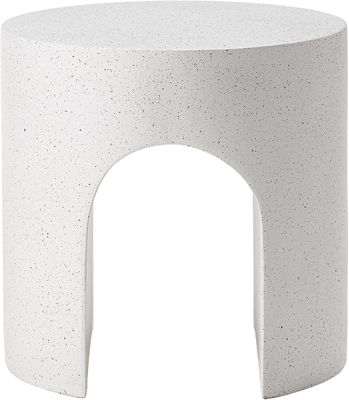 HOMPUS Outdoor Side Table, Concrete End Table w Arch Design, Round Patio MgO Coffee Lightweight Table, Modern Accent Stone Garden Stool for Indoor Outdoor Use, Spotted White