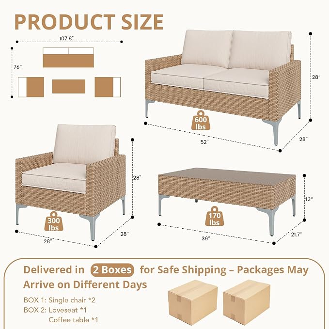 4 Piece Patio Furniture Set, Wicker Modular Outdoor Furniture with Thicker Cushions, Outdoor Couch Sofa for Garden, Poolside, Backyard, Beige
