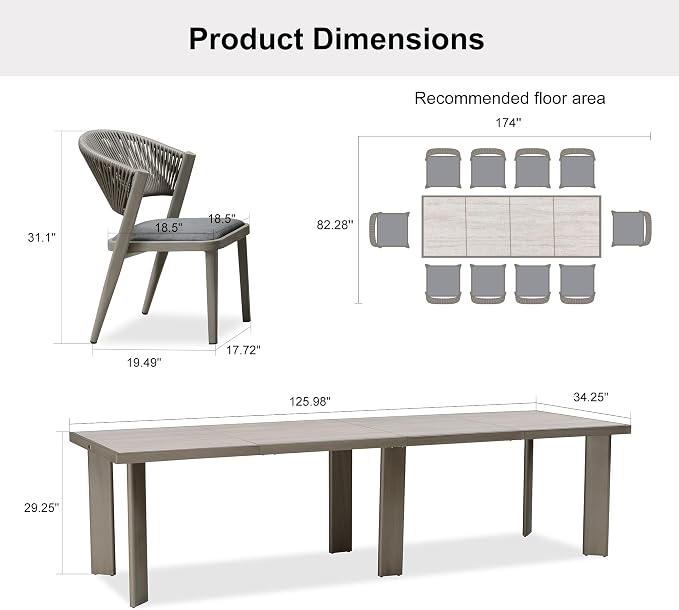 PURPLE LEAF 11-Piece Patio Dining Set Outdoor Furniture Rectangular Table and Chairs Set with Aluminum Frame and Wicker Rattan for Garden Deck Backyard Kitchen Gray Outdoor Set
