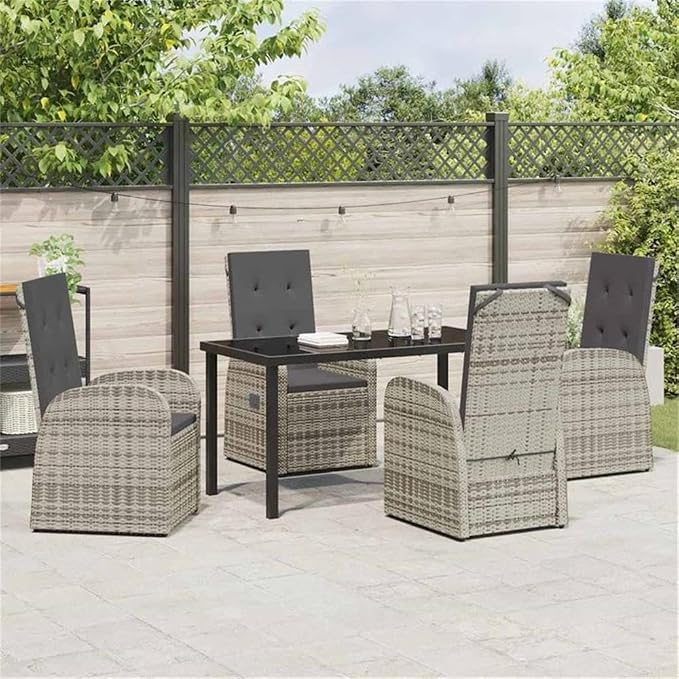 Afuera Living 5 Piece Poly Rattan Patio Dining Set, Black Finish, Powder-Coated Steel Frame with Tempered Glass Table, Weather-Resistant Cushions, Adjustable Backrest, Modern Outdoor Furniture for