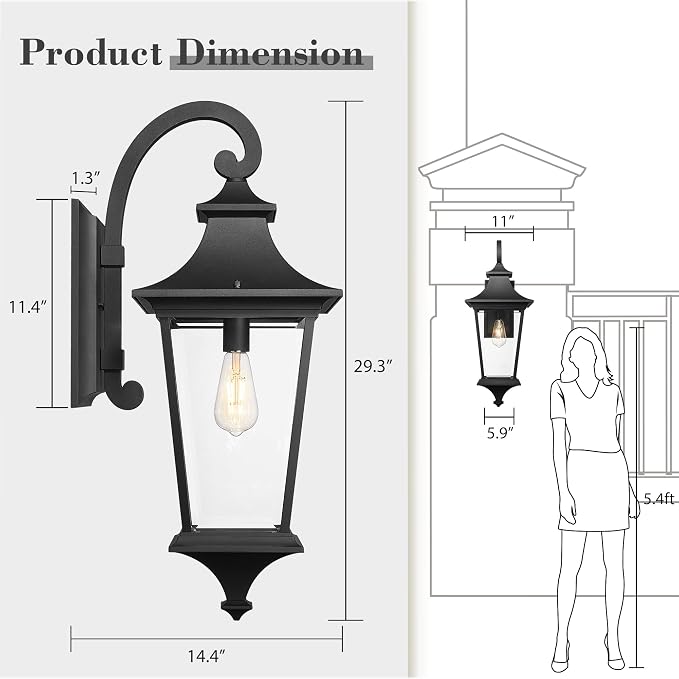 Emliviar 29.3 Inch Trendy Outdoor Wall Sconce, Large Exterior Wall Light for Porch Patio, Clear Glass in Black Finish, XE292B-L BK