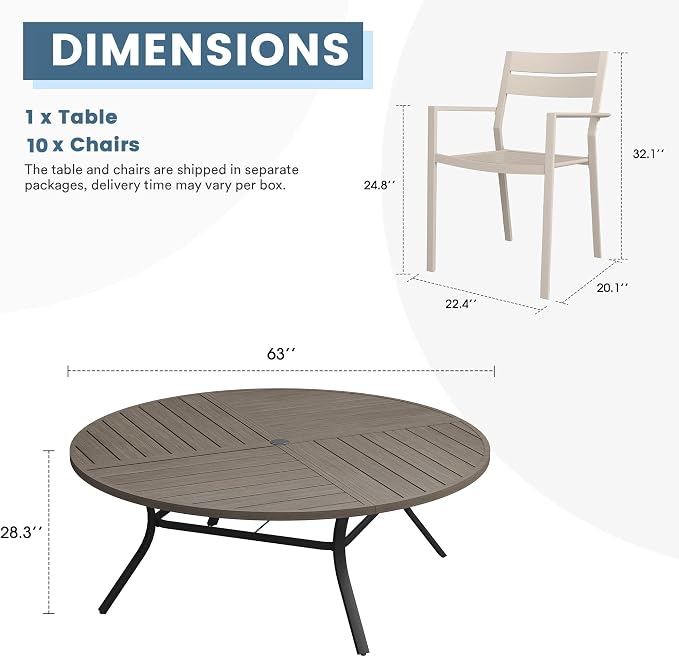 DIFY 11 Piece Outdoor Patio Dining Set for 10, 63" Round Dining Table with Umbrella Hole and Stackable Metal Chairs, Patio Table and Chairs Set for Backyard Garden Poolside, Grey Wood-Like & Sandshell