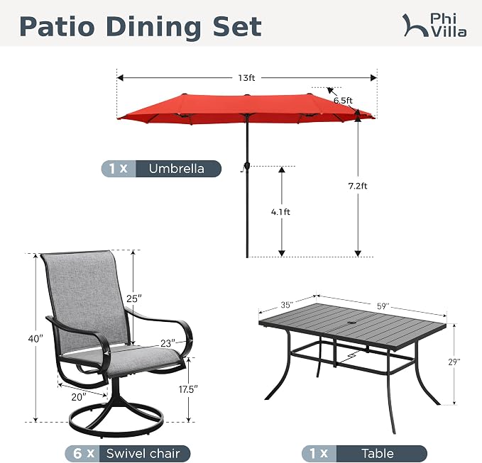 PHI VILLA Patio Dining Set with 13ft Umbrella for 6, Swivel Mesh Chairs | 59'' metal rectangular table, 6 grey outdoor textilene chairs and 13ft orange red umbrella(NO BASE) for deck, garden, yard
