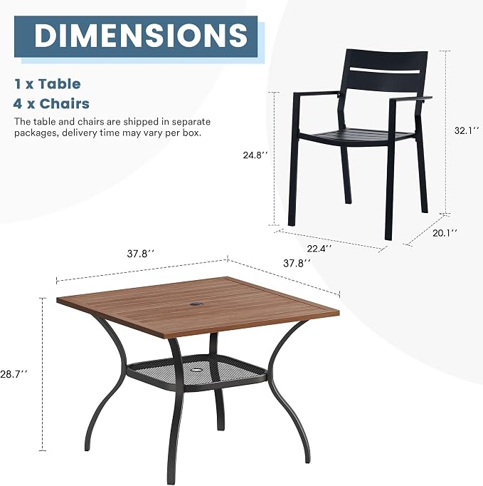 DIFY 5 Piece Outdoor Patio Dining Set for 4, Patio Table and Chairs Set with Umbrella Hole, 37.8" Square Dining Table and Stackable Metal Chairs for Backyard Garden Poolside, Walnut & Black