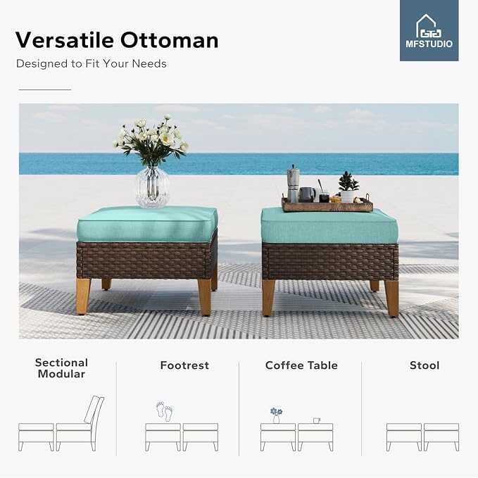 MFSTUDIO 7 Piece Extra Large Wicker Patio Furniture Set, 2 x Single Chair, 2 x Ottoman, 3-Seat Sofa, All-Weather Outdoor PE Rattan Patio Conversation Set for Garden, Backyard(Aqua Blue Cushions)
