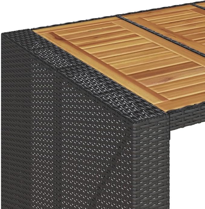 Outdoor Bar Table Black Poly Rattan with Acacia Wood Top, Large Rectangular Patio Furniture for Garden Balcony Terrace, 31.5x41.3x43.3 Inch Steel Frame
