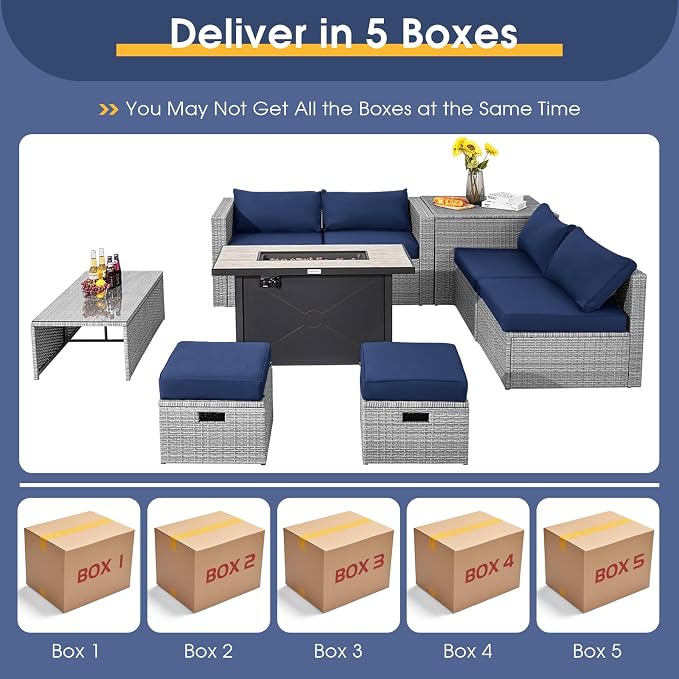 Tangkula 9 PCS Patio Furniture Set with 42” 60,000 BTU Fire Pit, Outdoor Space-Saving Sectional Sofa Set with Storage Box, Waterproof Covers Included (Navy)