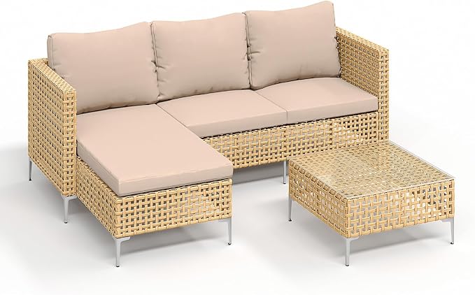 Small Outdoor Wicker Patio Furniture Set L-Shaped - Weather Resistant Wicker Sectional Chaise Sofa with Thick Cushions & Tempered Glass Coffee Table for Small Spaces, Balcony, Apartment