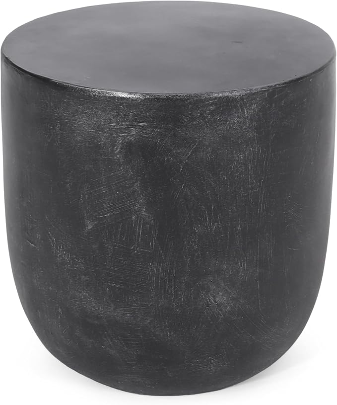 Outdoor Side Table Patio Concrete Side Table Round Drum End Table Faux Stone Side Tables Travertine Small Coffee Tables, Garden Stool Plant Stand for Backyard, Cylindrical, Antique Black