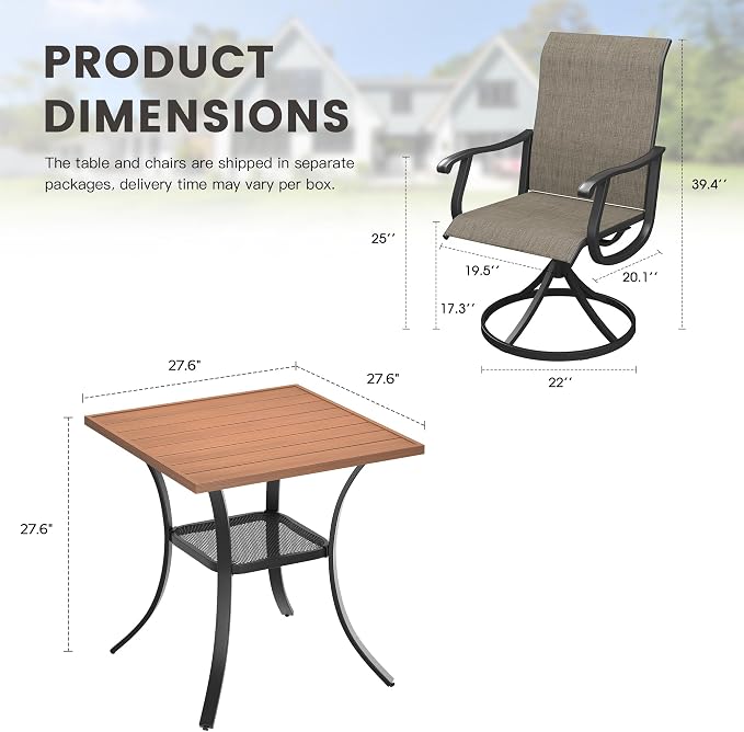 Outdoor Dining Set for 2, 28" Metal Square Outdoor Dining Table and Sling Patio Swivel Chairs, 3 Pieces Patio Table and Chairs Set for Garden Backyard, Mixed Brown and Walnut