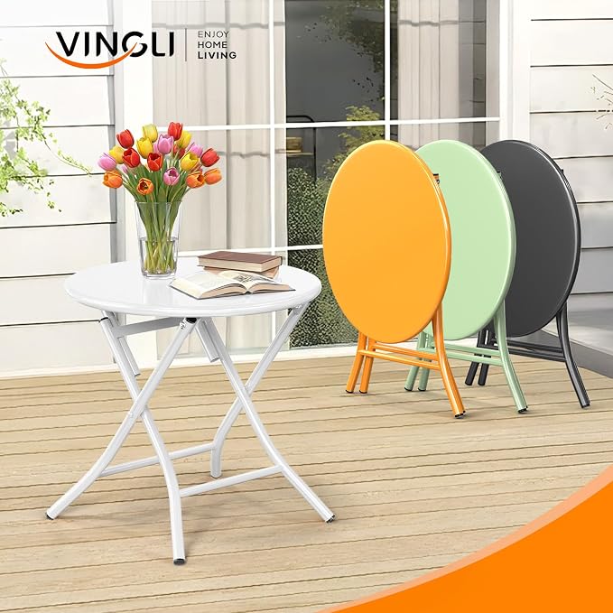 VINGLI Patio Metal Folding Side Table, Portable Small Outdoor Folding Round Table, Perfect for Indoor and Outdoor Spaces Like Balconies, Backyards, Porches, and Patios.White(1 Pack)
