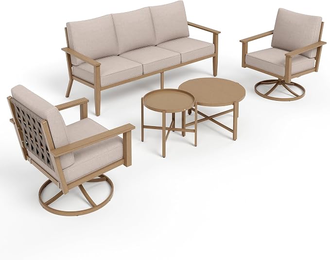 MIXPATIO 5-Piece Patio Outdoor Conversation Furniture Set with 2 Swivel Chairs, Steel Modern Outdoor Patio Conversation Sets with Waterproof Thick Cushions for Porch, Balcony, Backyard-Beige
