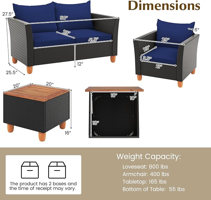 HAPPYGRILL 4 Pieces Wicker Patio Conversation Set, PE Rattan Chair & Ottoman Set with Removable Cushions, Storage Coffee Table, Outdoor Furniture Set for Garden Backyard Poolside (Navy)