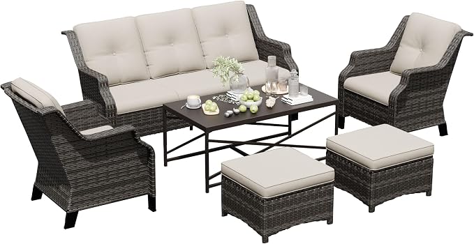 6 Pieces Patio Furniture Set, Outdoor Furniture Set with 2 Patio Chairs, 2 Ottoman, 1 Outdoor Wicker Sofa, 1 Metal Table, Ideal for Backyard, Garden, Poolside, Blue