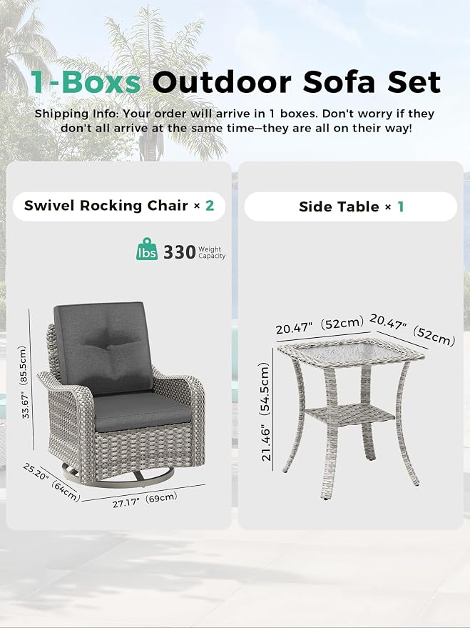 3 Piece Outdoor Wicker Patio Furniture Set,High Back Swivel Rocker Patio Chairs with 4" Thickened Cushions & Side Table, All-Weather PE Rattan for Garden, Backyard, Porch, Charcoal Gray
