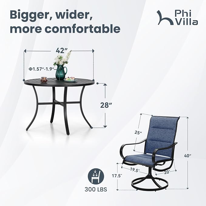 PHI VILLA Patio Dining Set for 4, Round Table w/Padded Swivel Chairs, Blue | All-weather E-coating metal frame with padded textilene seating. Designed for outdoor dining, deck, lawn, garden