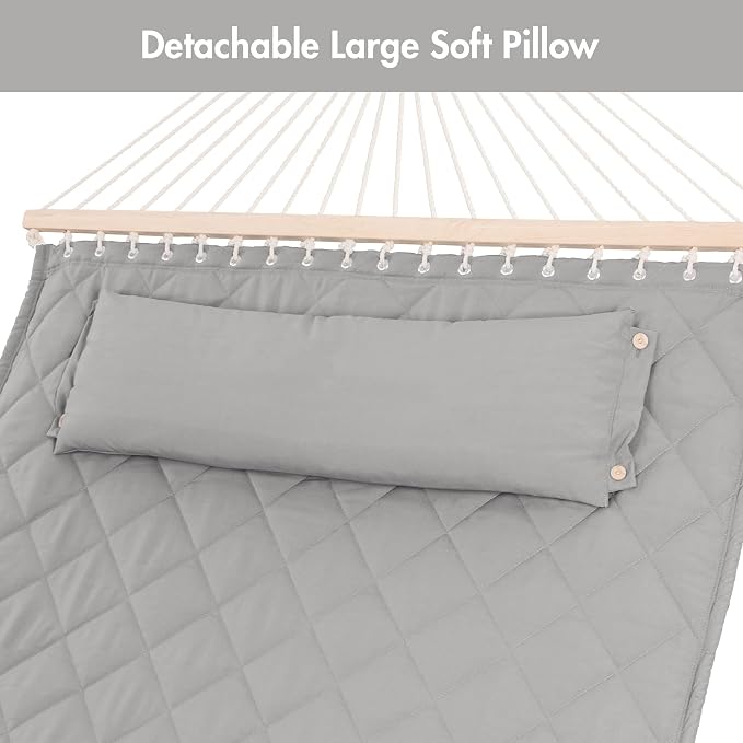 ANOW Heavy Duty Hammock with Spreader Bars and Detachable Pillow, 2 Person Hammock for Outdoors Indoors, 450 LBS Weight Capacity, Light Gray