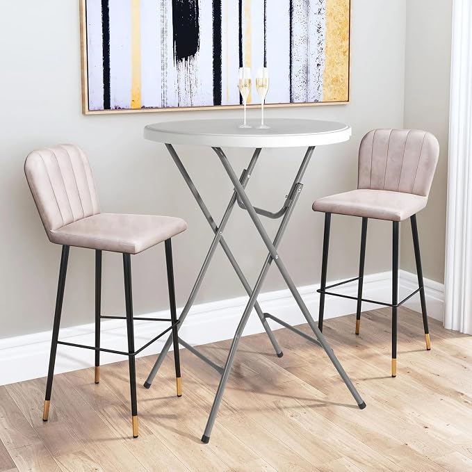 Bonnlo 32" Cocktail Table High Top Table, Folding Round Table Bar Height, HDPE Matrial with Gray Metal Finish for Outdoor Party, Backyard, Dining Room, Wedding Event,White- 2PCS