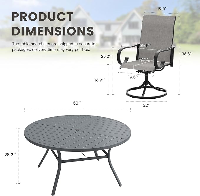 7 Pieces Patio Dining Set, 6 Outdoor Swivel Dining Chairs with 50.1" Round Metal Outdoor Dining Table with Umbrella Hole for Garden Backyard Deck, Grey & Dark Grey