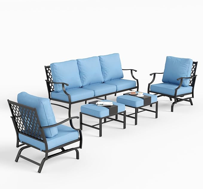 SUNSHINE VALLEY 7 Piece Metal Outdoor Patio Furniture Set, Patio Conversation Sets 3-seater Sofa, 2 Rocking Chair, 2 Ottomans with 5.75" Thick Cushion, Black All-weather Frame Backyard Furniture, Blue