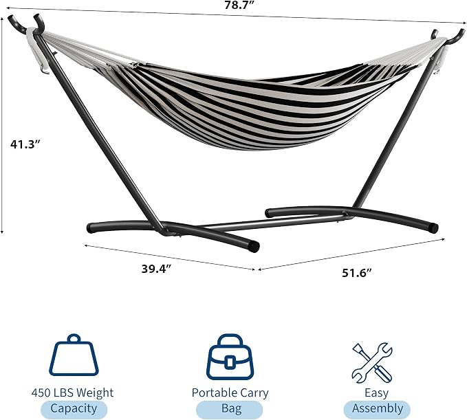 Garvee Double Hammock with Foldable Steel Stand and Carry Bag – Indoor/Outdoor Standing Hammock, 450 LBS Capacity, for Garden, Camping, Beach (Black)