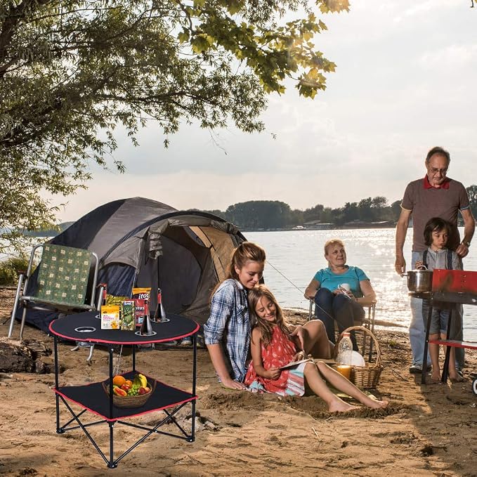 LEADALLWAY Camping Table Folding Picnic Table Canvas Portable Tables | Collapsible,with 4 Cup Holders and Carrying Bags , for BBQ Outdoor Fishing,