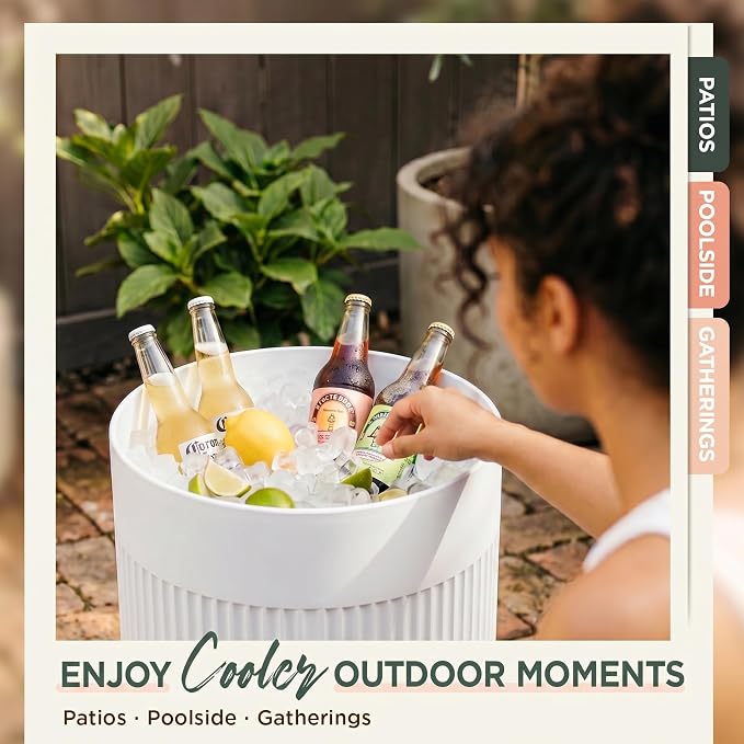 PASAMIC Outdoor Cooler Side Table, 3-in-1 Patio Ice Cooler Table with Storage, HDPE Outdoor Table with Drain Plug, Holds 24 Cans & Fits Wine Bottles, Poolside Deck Backyard (White)