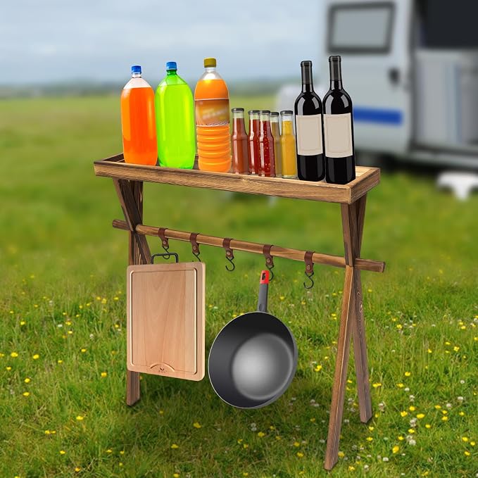 Portable Wooden Picnic Rack, with hanging hook, Lightweight Wood Outdoor Shelf Foldable Travel Camping Table Rack for Storage,Outdoor Kitchen,RV Picnic,BBQ,Home Storage