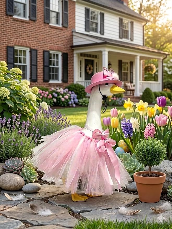 Porch Goose Outfits Summer for 17" & 23" Lawn Goose Decor with Hawaiian Skirt, Hat, Bow tie,for Yard Lawn Outdoor Garden Patio Statue Holiday Decor (Pink)