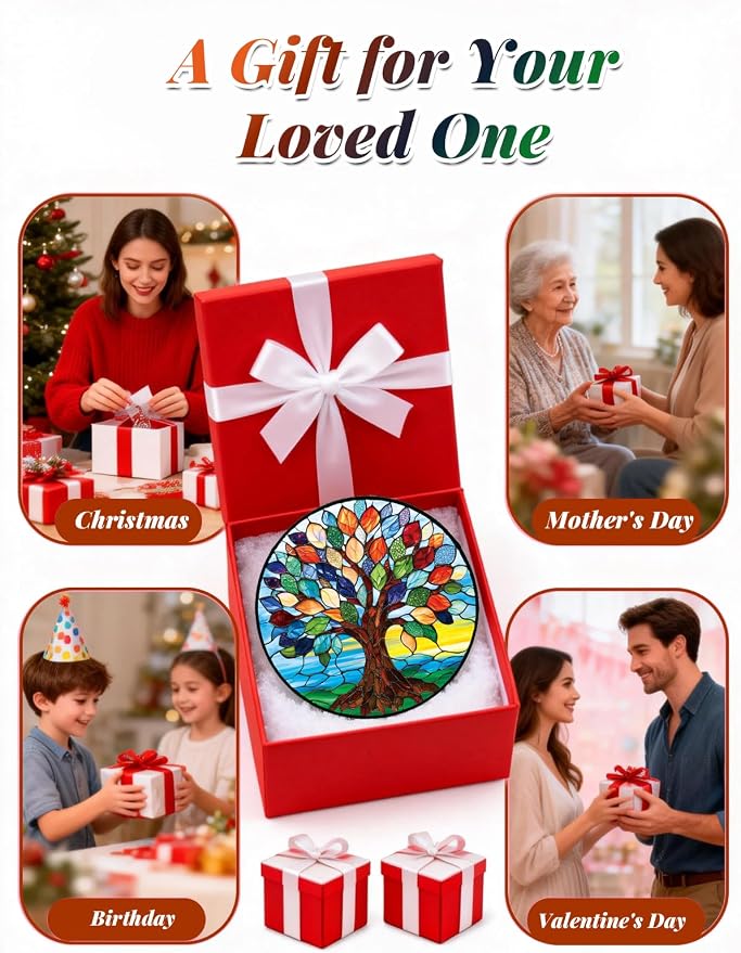 Tree of Life Stained Glass Suncatcher Window Hanging Birthday Gifts | 7.8in Garden Sun Catcher, Colorful Tree Art Sunrise Ornament for Door Home, Gift for Women Men & Mother's Day Christmas
