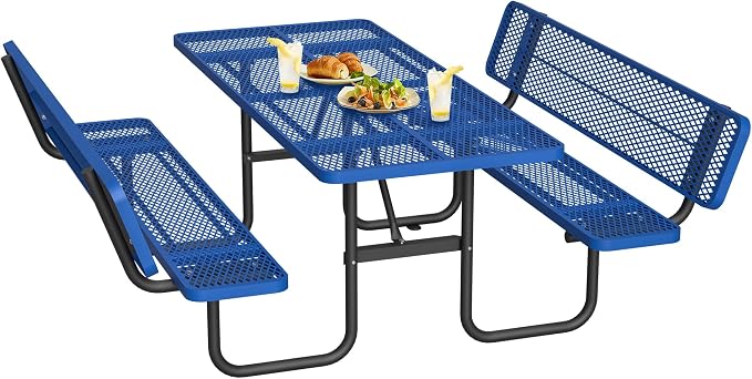 Outdoor Picnic Table with Umbrella Hole-Coated Steel Heavy Duty Commercial Grade Dining Table with Back Seat,Commercial Metal Picnic Table, Heavy Duty Rectangular Furniture Set for Life