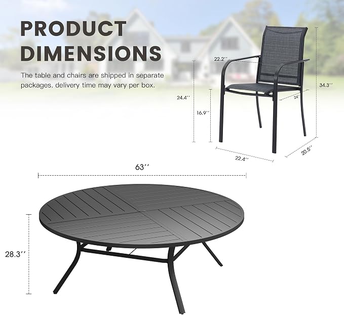 11 Pieces Outdoor Dining Set, Stackable Textilene Paito Chairs & 63.1" Round Dining Table with Umbrella Hole, Patio Dining Set for Backyard, Deck, Garden, Grey & Black