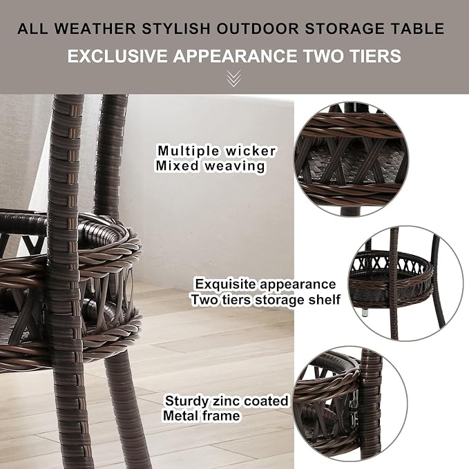 Outdoor Side Table Patio Wicker Coffee Table Outdoor End Table Rattan Bistro Table with Storage & Black Glass Table Top Round for Outside Balcony Porch Backyard Deck Brown