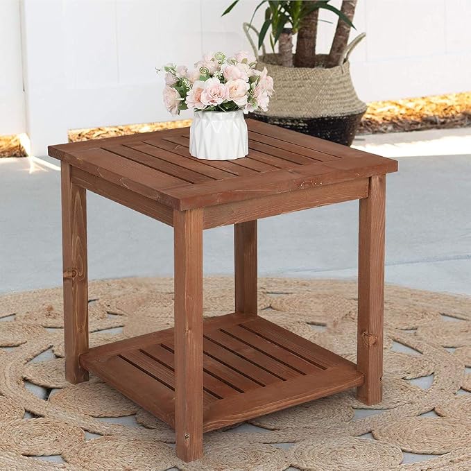 Outvita Patio Small Side Table, Acacia Wood 18 inch Double-Deck Coffee Table with Storage Tier for Living Room, Garden, Balcony, Porch, Deck (Carbonized Color)