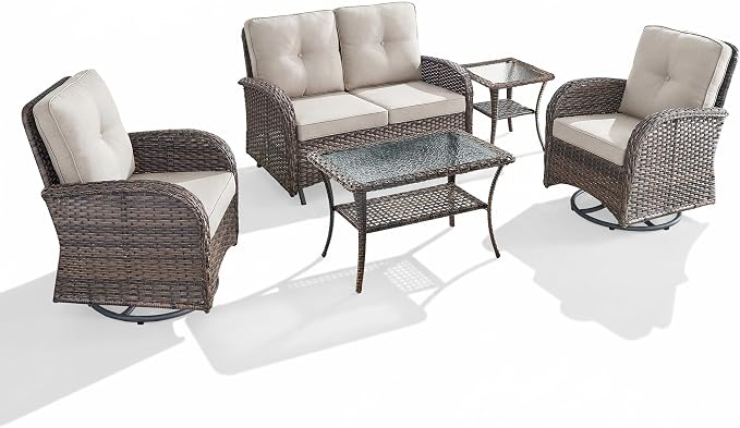 5 Piece Patio Furniture Set - Wicker Patio Conversation Set with Swivel Glider, Loveseat Bench, Tempered Glass Side Table and Coffee Table for Deck Backyard - Brown Wicker Beige Cushion
