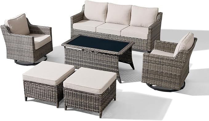 Luxury Patio Furniture sofa Set - 6 Pieces All Weather Wicker Outdoor Couch and High Back Swivel Rocker Patio Chairs with Glass coffee table for Deck Yard and Poolside Gray Wicker | Beige Cushions